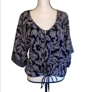 Daytrip Womens Paisley Black Zip Front Drawstring Blouse Size S Relaxed Fit